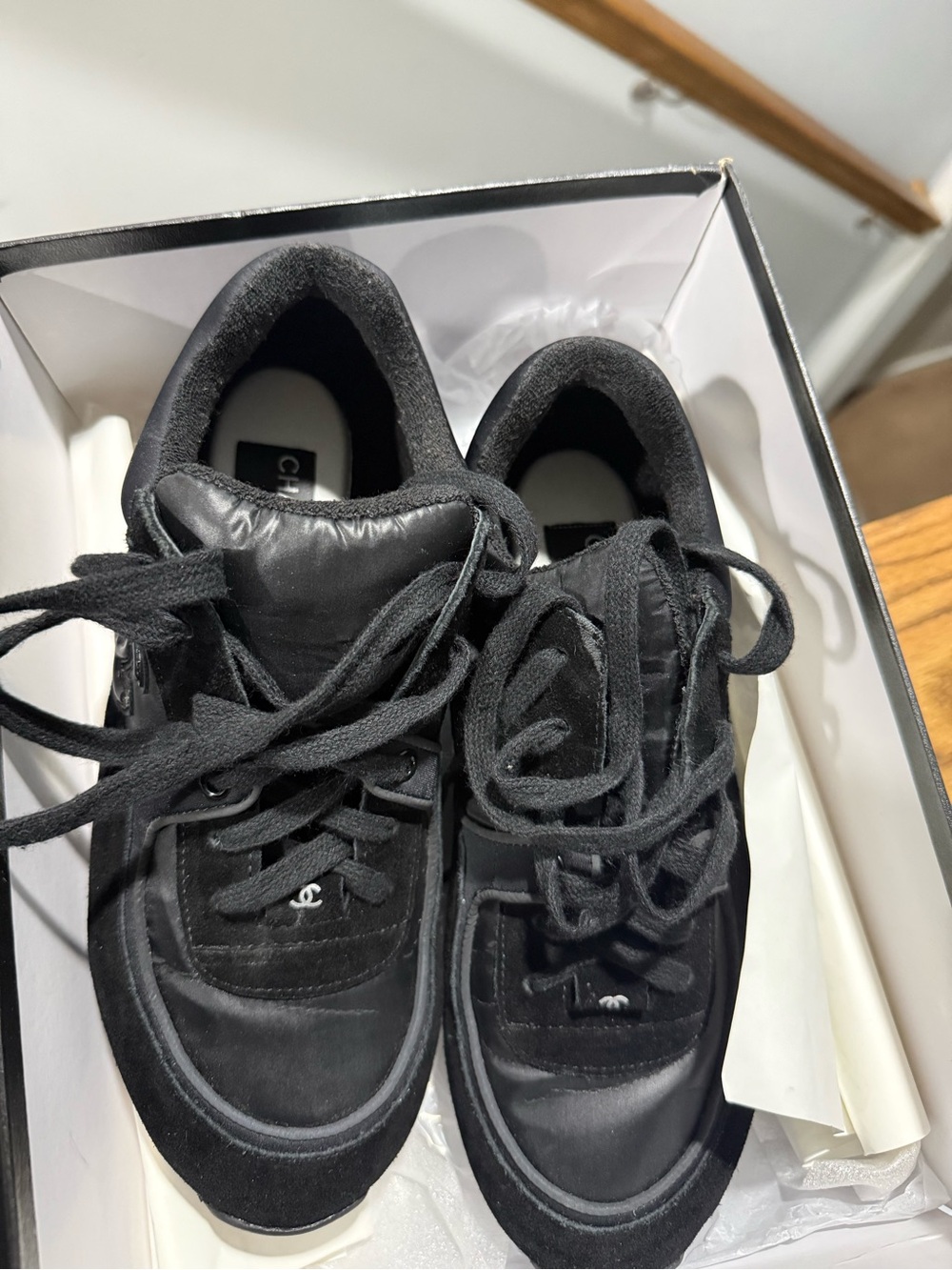 CHANEL Black Suede & Leather CC Emblem Sneakers - Picture 5 of 5
